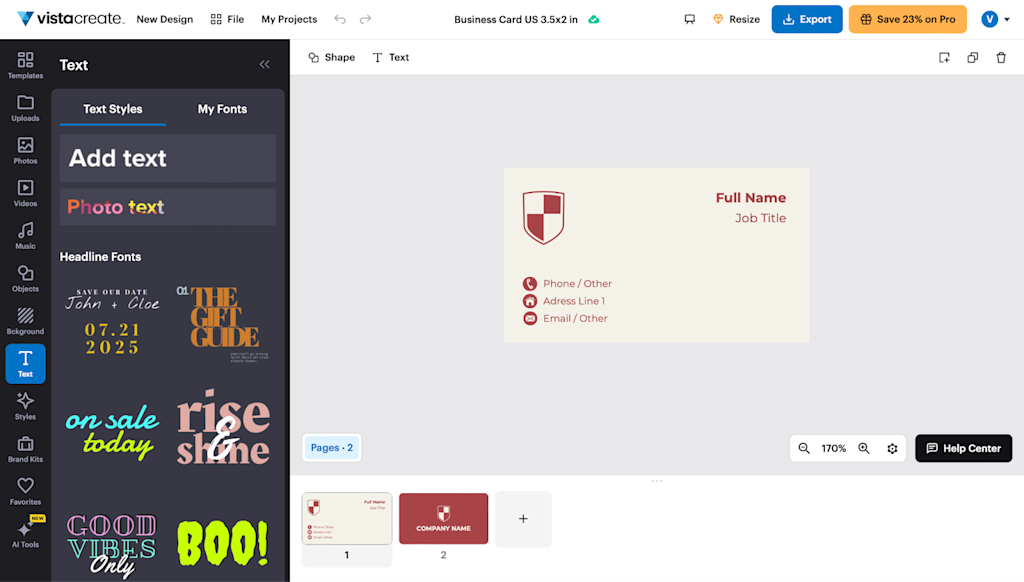 A screenshot of the VistaCreate working canvas with a customizable business card template.