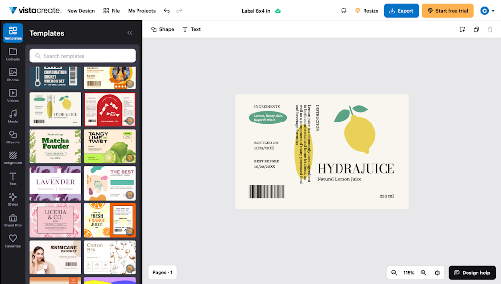 Label creation in VistaCreate