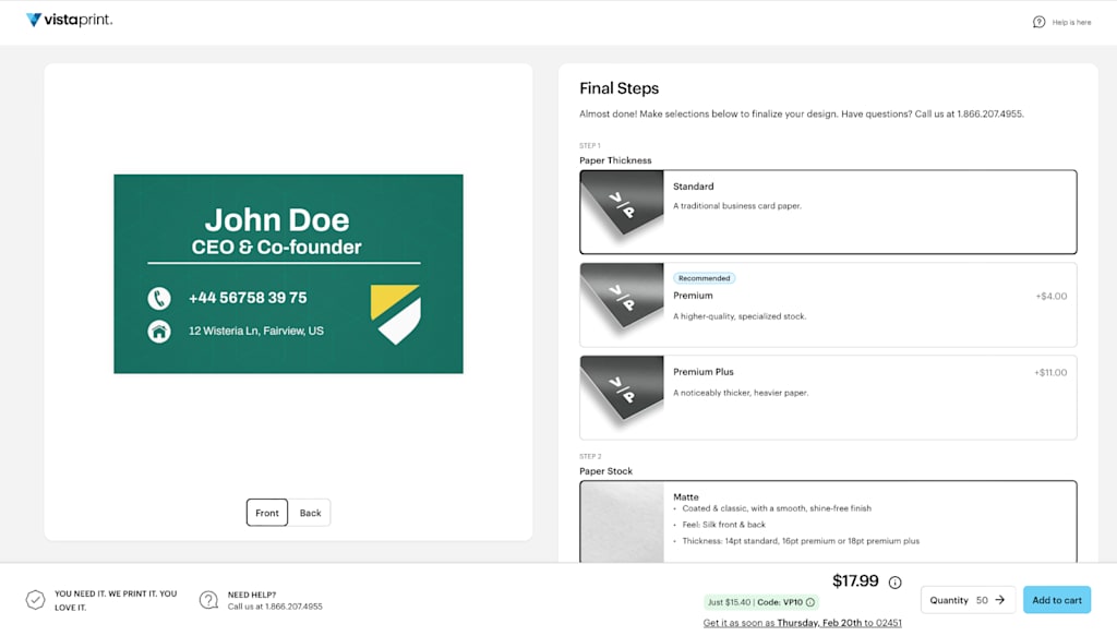 A screenshot of a customized business card PDF template ready-to-print with VistaPrint.