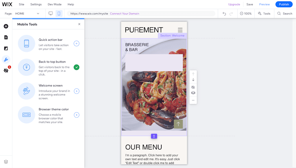 A screenshot of mobile optimization in the Wix website design editor.