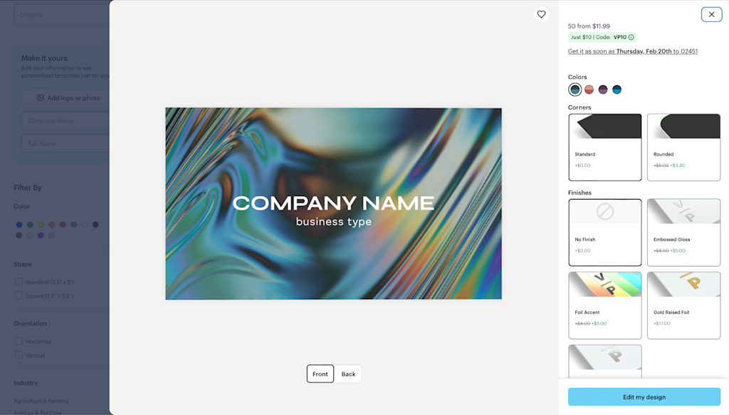 Business card template selected from the VistaPrint gallery.