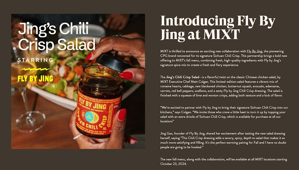A screenshot of the announcement of a collaboration of between Fly by Jing and MIXT