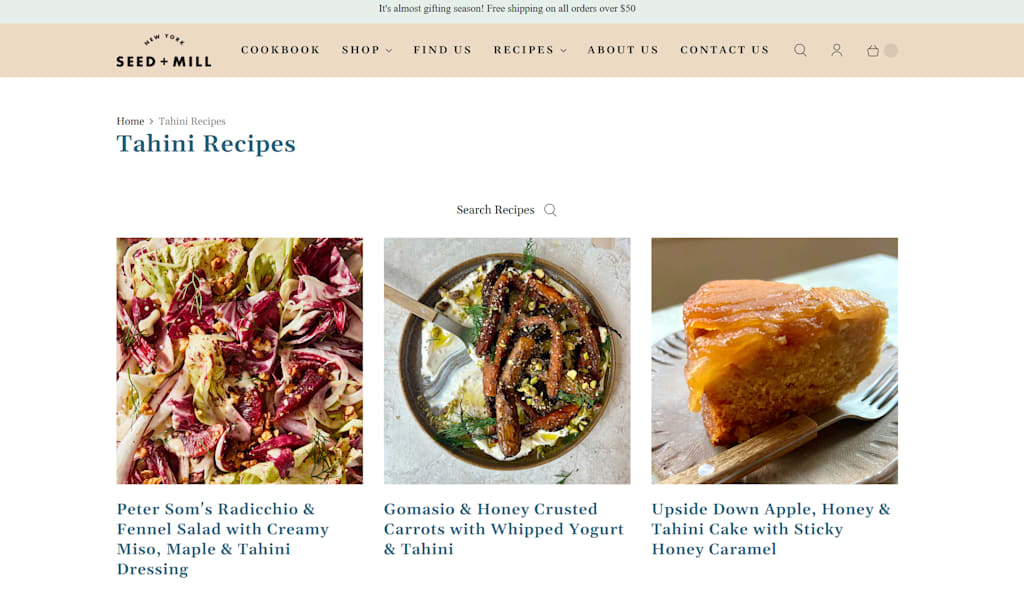 A screenshot of the recipes page on the Seed+Mill website