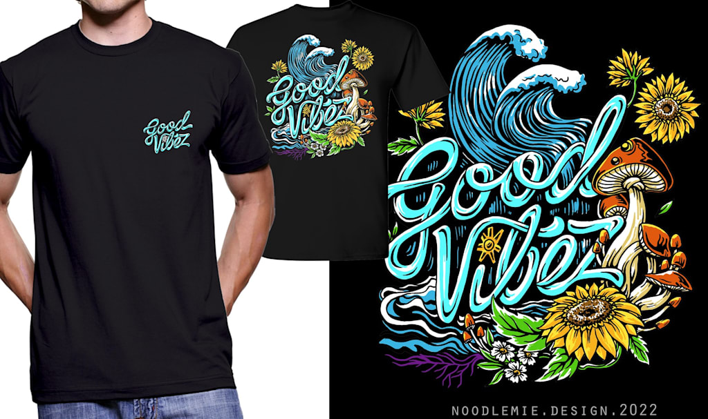 Person modeling a print-on-demand t-shirt