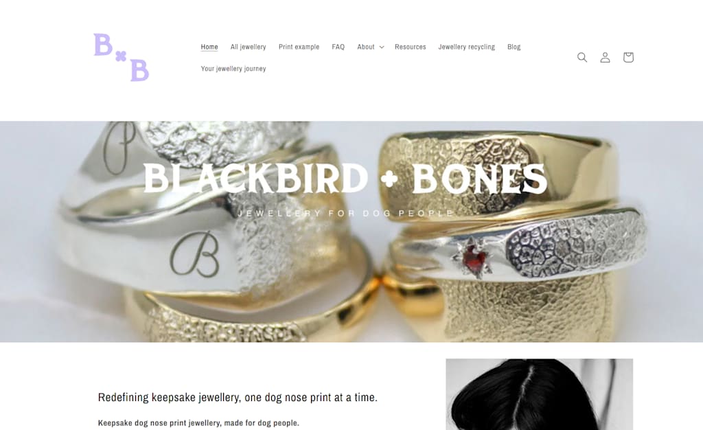 A screenshot of the Blackbird + Bones niche brand&rsquo;s website homepage, featuring the tagline &ldquo;Jewellery for dog people&rdquo;