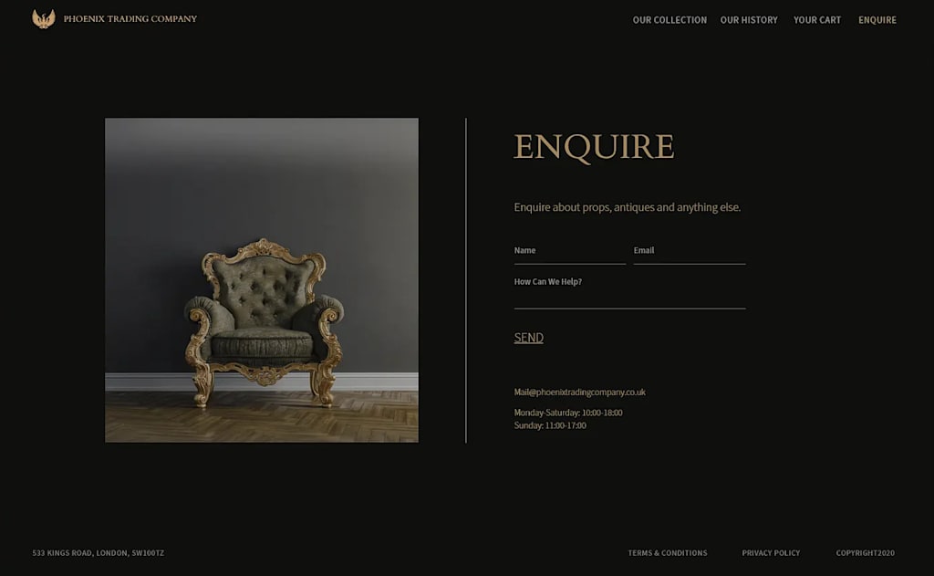 A website with a black background using gold as its primary text color, and an image of a gold chair
