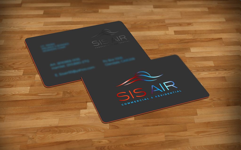 black business card featuring red and blue text and a red edge