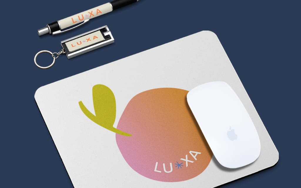 Promotional products for tech products like a mouse pad and USB stick