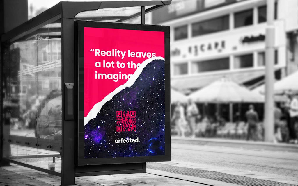 A digital bus stop advert with a pink background and a ripped effect featuring a QR code