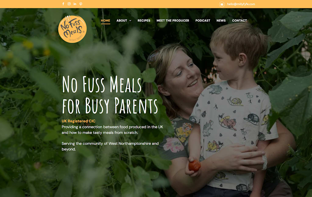 A screenshot of the No Fuss Meals for Busy Parents website homepage