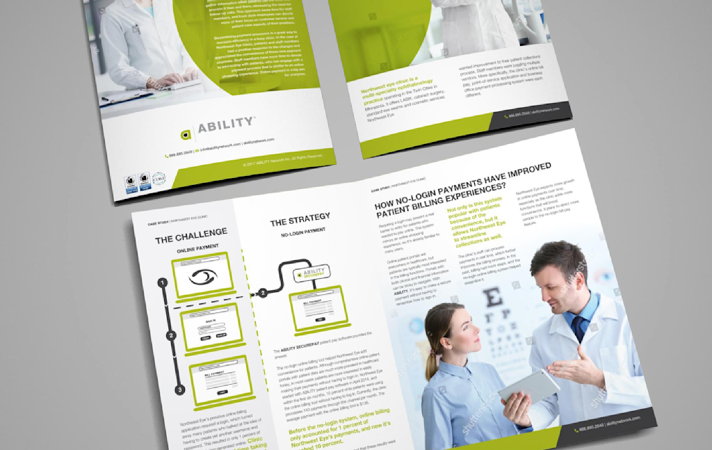 case study pamphlet discussing no-login payments for an eye clinic