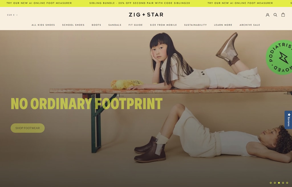 A screenshot of the Zig and Star Shoes website homepage with a widget inviting visitors to try the new AI online foot measurer