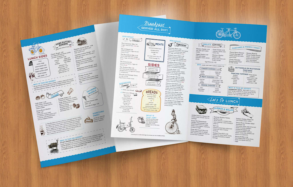 Fun restaurant menu design with elements of brand storytelling in the copy