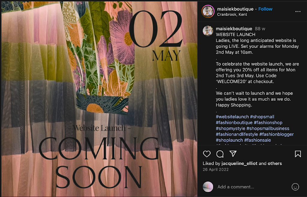 Website launch announcement on Instagram