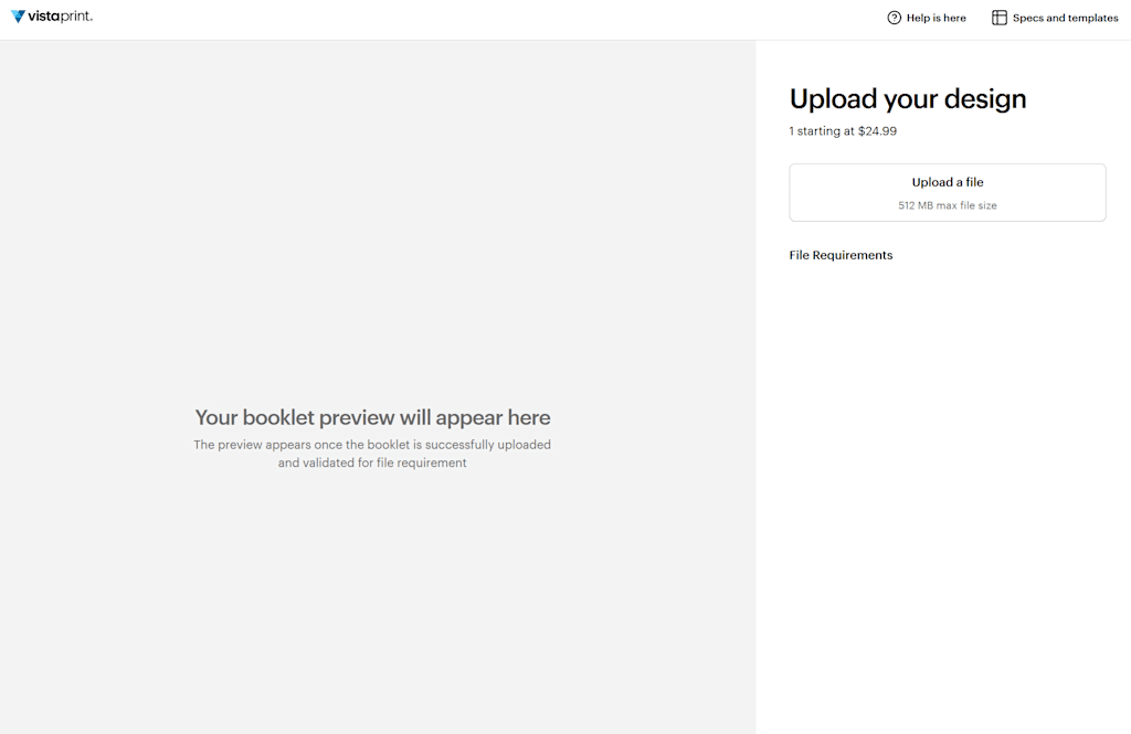 A screenshot of the booklet file upload page on the VistaPrint website