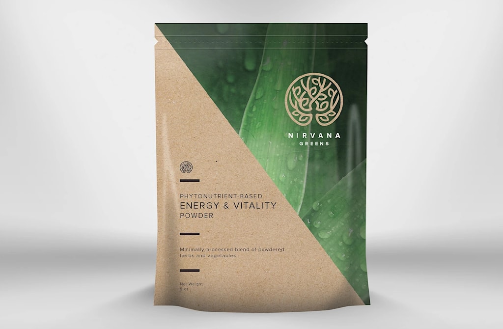 Green and brown pouch packaging with an image of leaves on the pouch