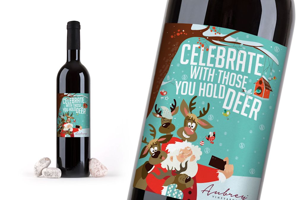 Seasonal packaging example; a wine label with a Christmas-themed message