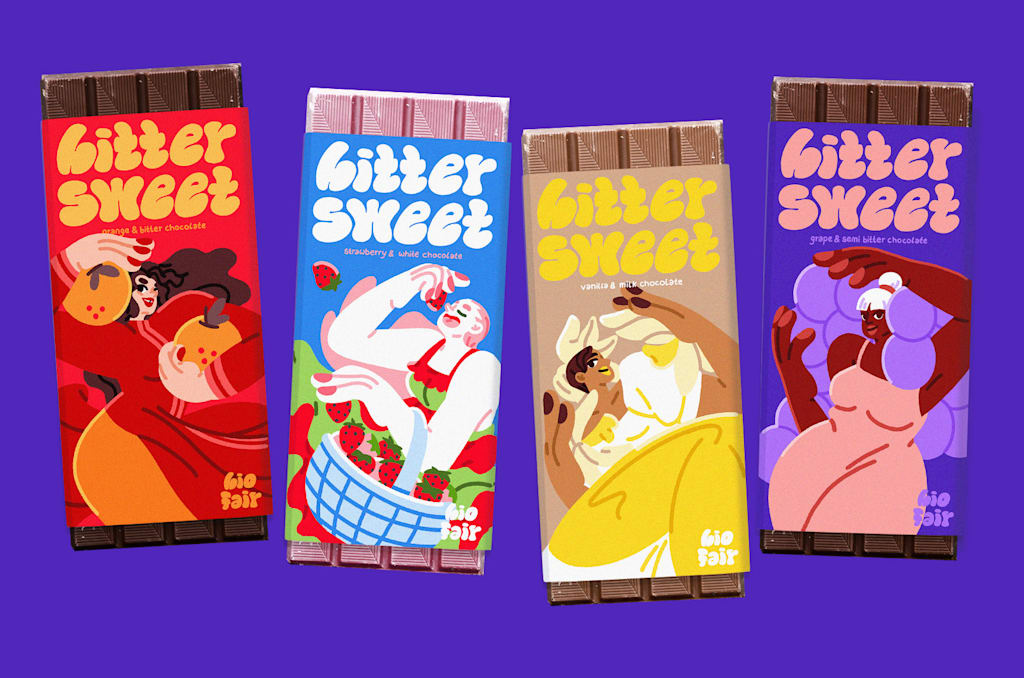 Bright and bold chocolate packaging with custom artwork, an example of the Artist Showcase packaging trend 2026