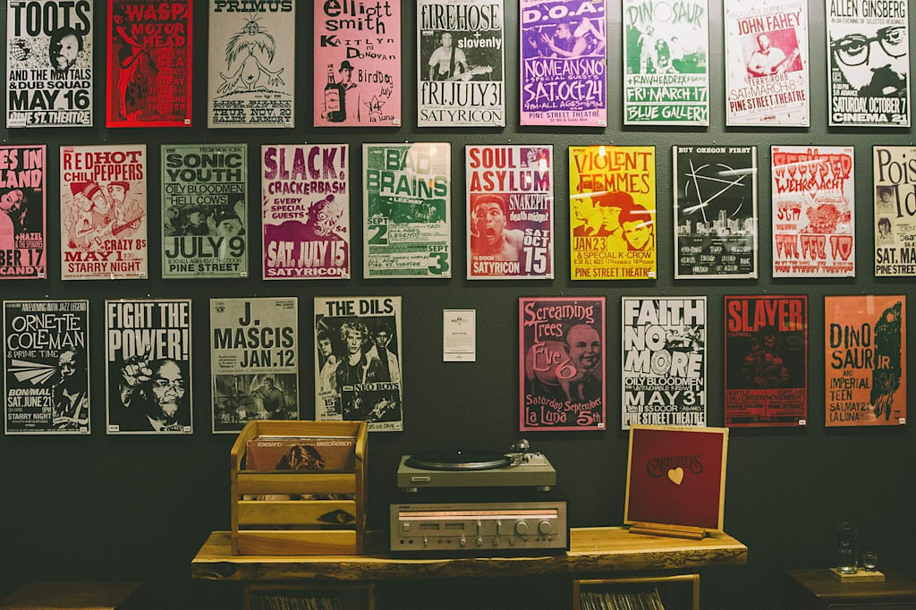 A wall covered in vintage concert posters