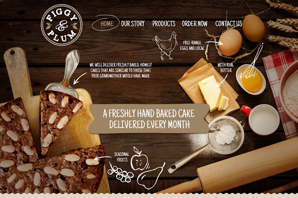 Bakery website homepage design styled like a rustic kitchen table with hand-drawn illustrations, baking ingredients and a cake subscription offer.