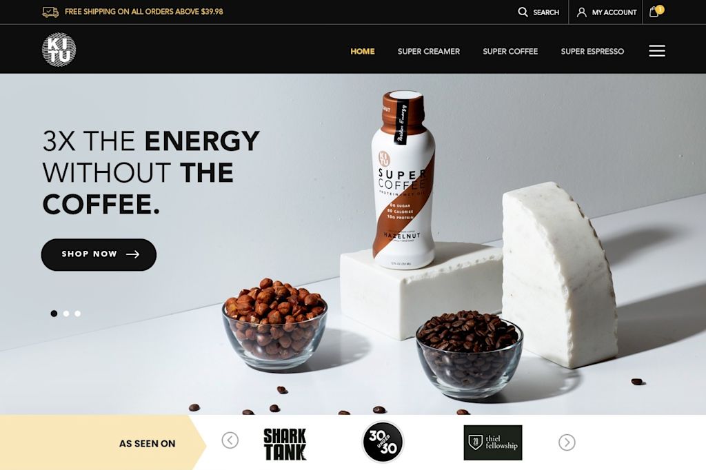 Ecommerce website landing page featuring product imagery, clear navigation, trust badges, promotional messaging and a prominent shop-now call to action.