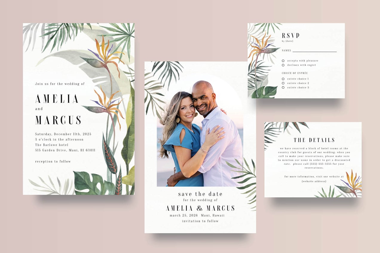 Save the date with photo of couple and wedding invite, RSVP and details card all with same tropical theme