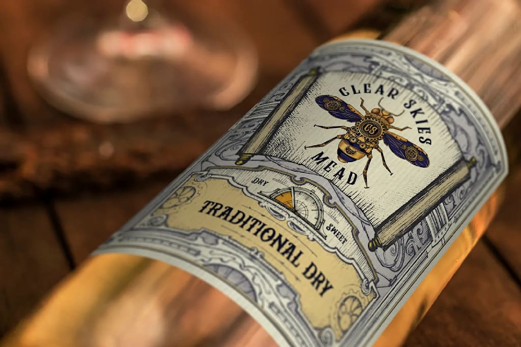 A product packaging label design featuring a vintage and classy design for Clear Skies Mead