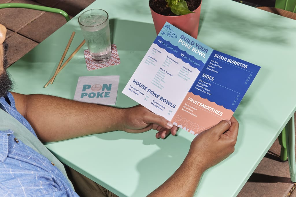 poke bowl business bi-fold menu brochure design example
