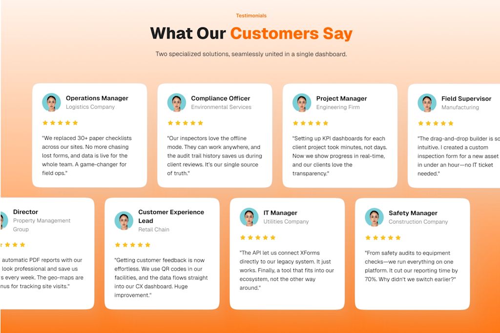 Website testimonials section displaying customer reviews, star ratings, job titles and social proof cards that help build trust and credibility.