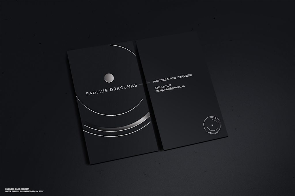 Black and silver business card for a photography brand
