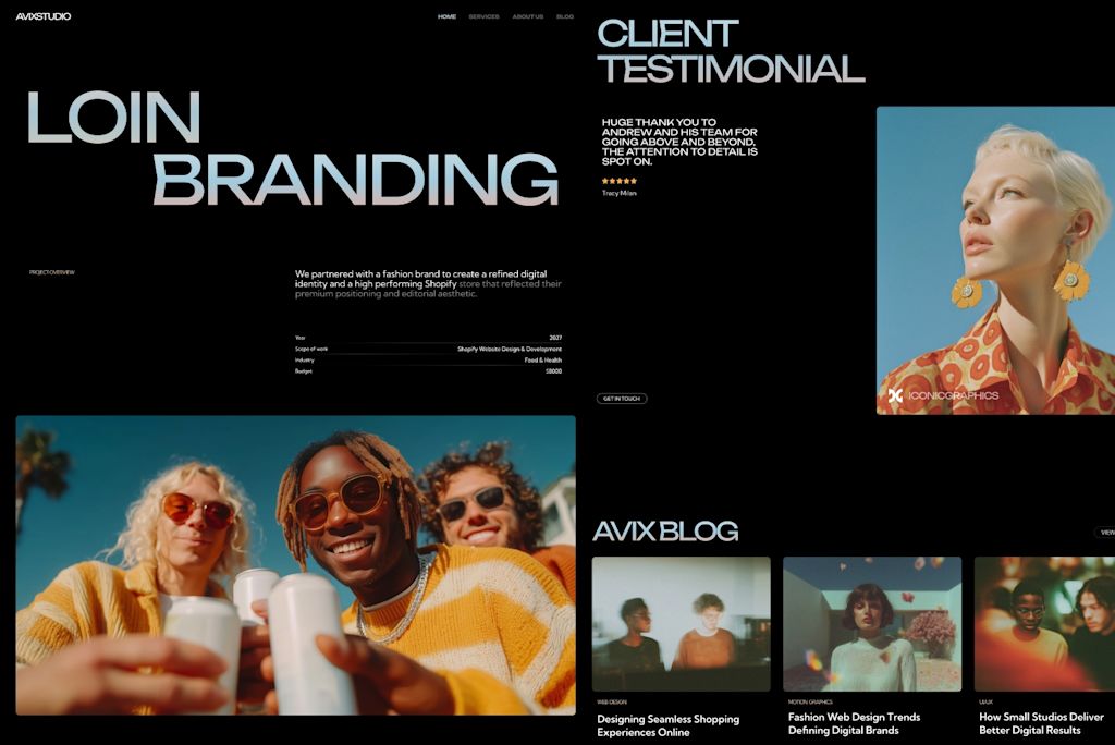 Creative website design with oversized typography, large imagery, unconventional page structure, overlapping elements and visually dominant content sections.