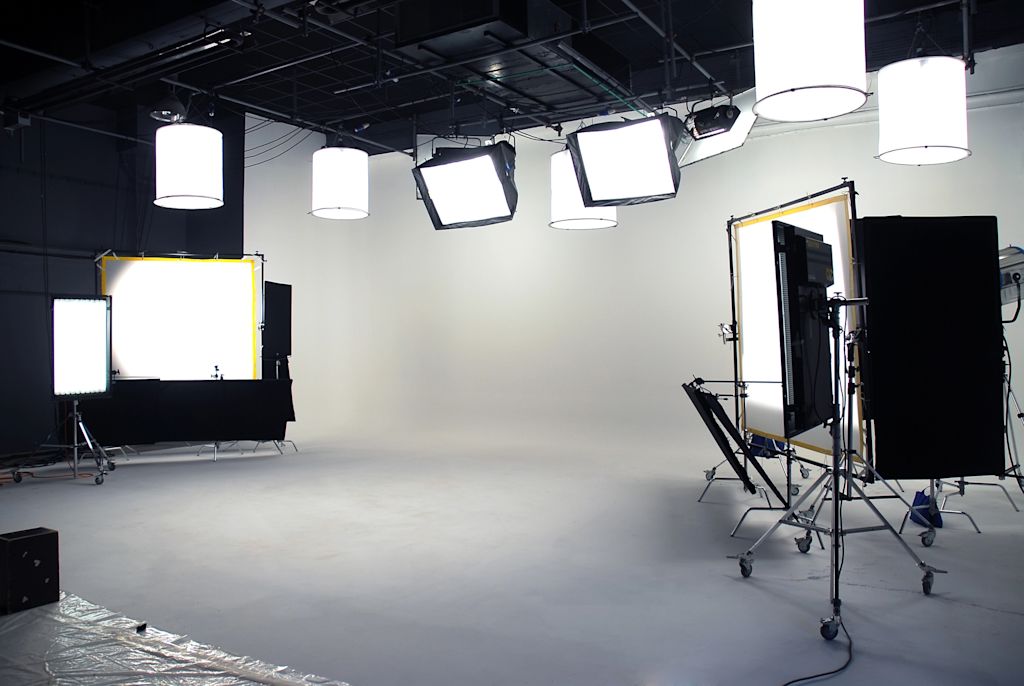 Interior of a professional photography studio with lighting set up