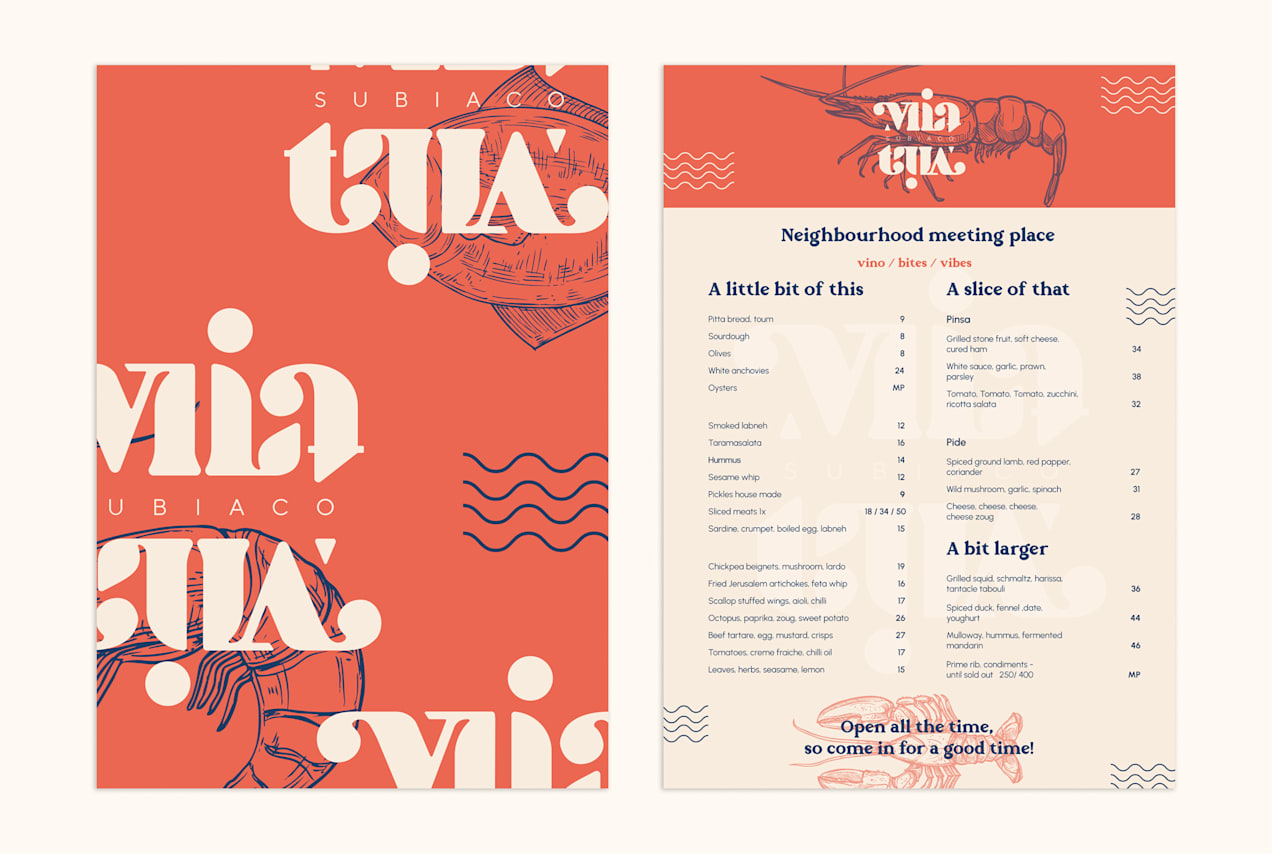 Mediterranean restaurant menu that uses playful copy for category names