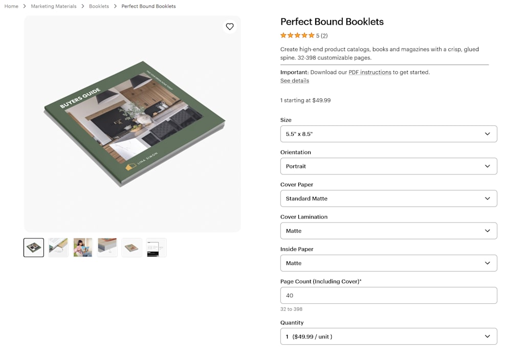 A screenshot of the booklet product page on the VistaPrint website with the booklet choices made