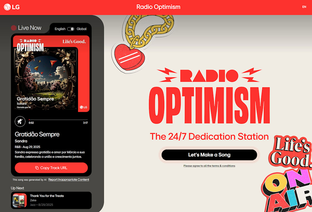 A screenshot of LG’s Radio Optimism website for creating AI-generated songs, an example of the Unexpected AI marketing trend 2026