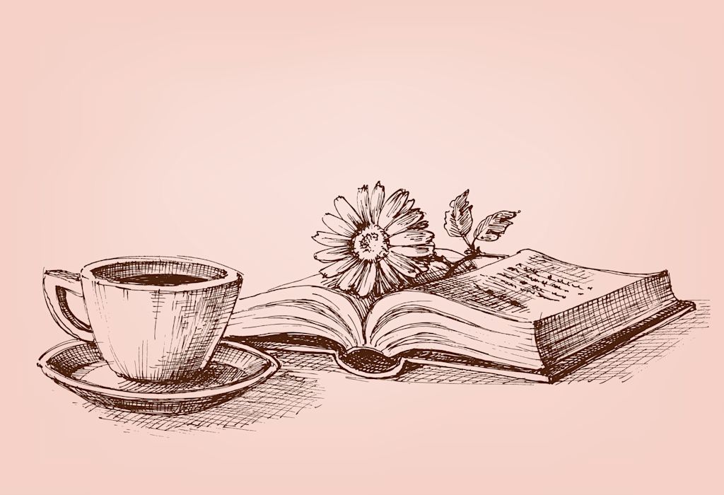 Reading a book conceptual drawing. A flower on a book and a cup of coffee study stand