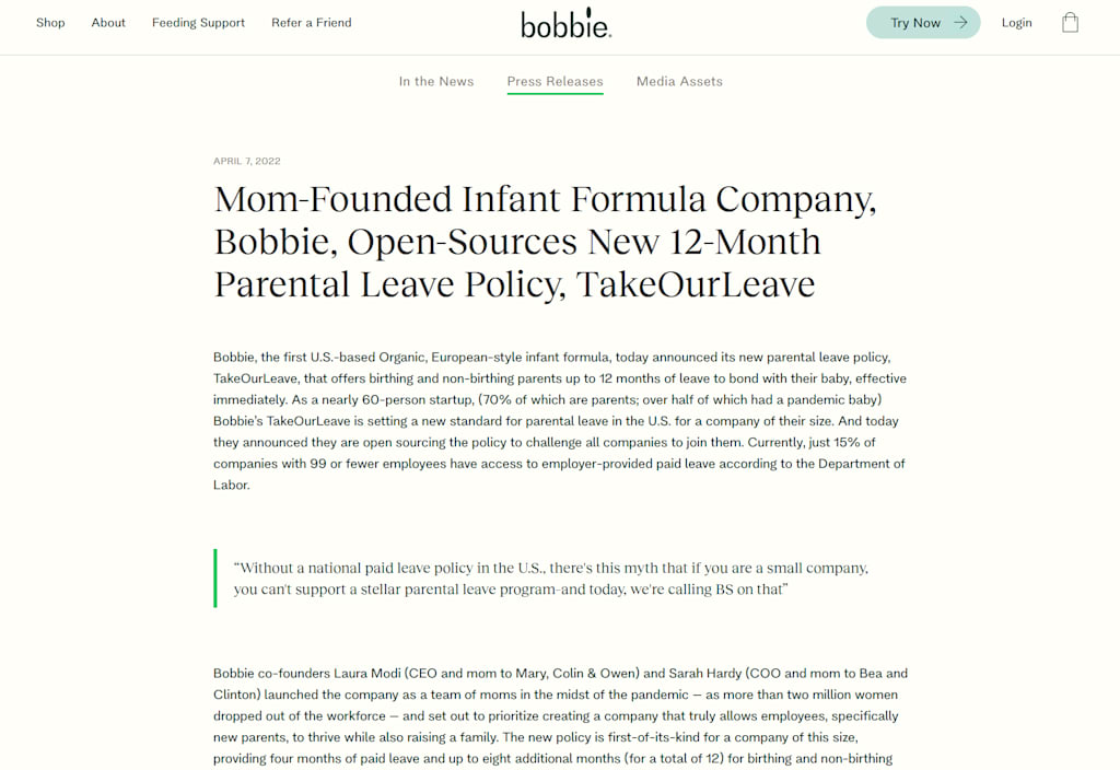 A screenshot of the press release about open-sourcing the TakeOurLeave parental leave policy from Bobbie, an example of the Show Your Receipts marketing trend 2026