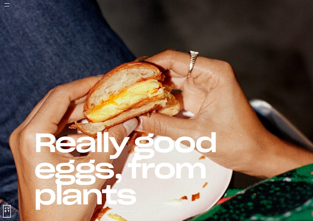 A screenshot of the JUST Egg website homepage featuring their tagline &ldquo;Really good eggs, from plants&rdquo;