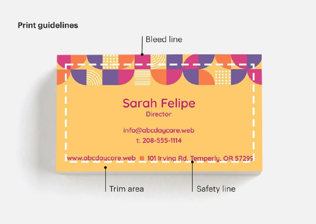 An infographic showing the guidelines&mdash;bleed line, trim area and safety line&mdash;for business card printing