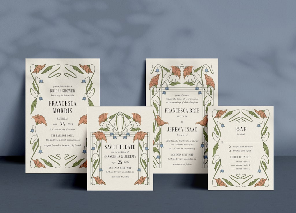 Vintage wedding invitations inspired by the Gilded Age with ornate floral patterns.