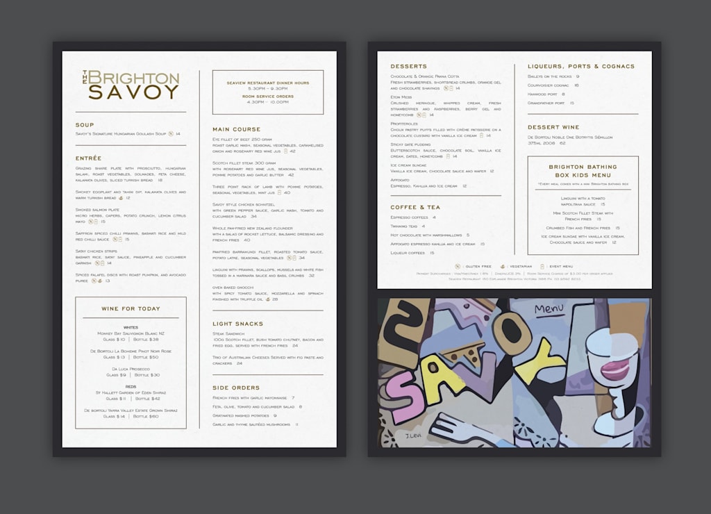 Restaurant menu layout where menu items are grouped together by course