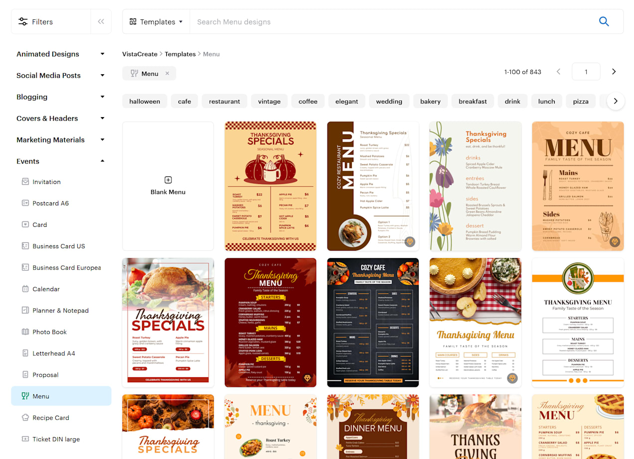 Menu design templates gallery on the VistaCreate website