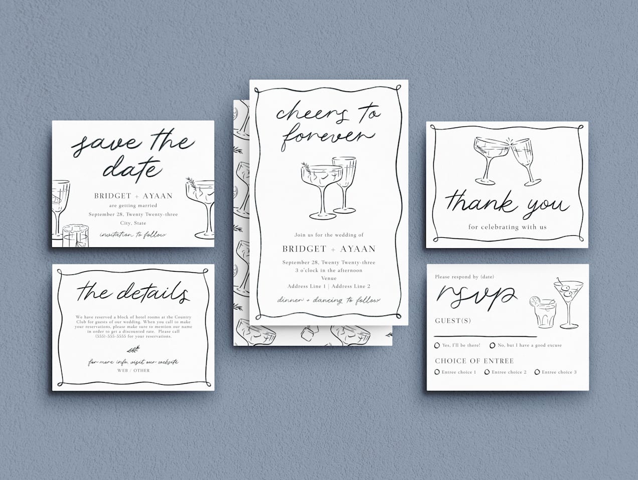 Selection of wedding invite cards with a casual hand-drawn style