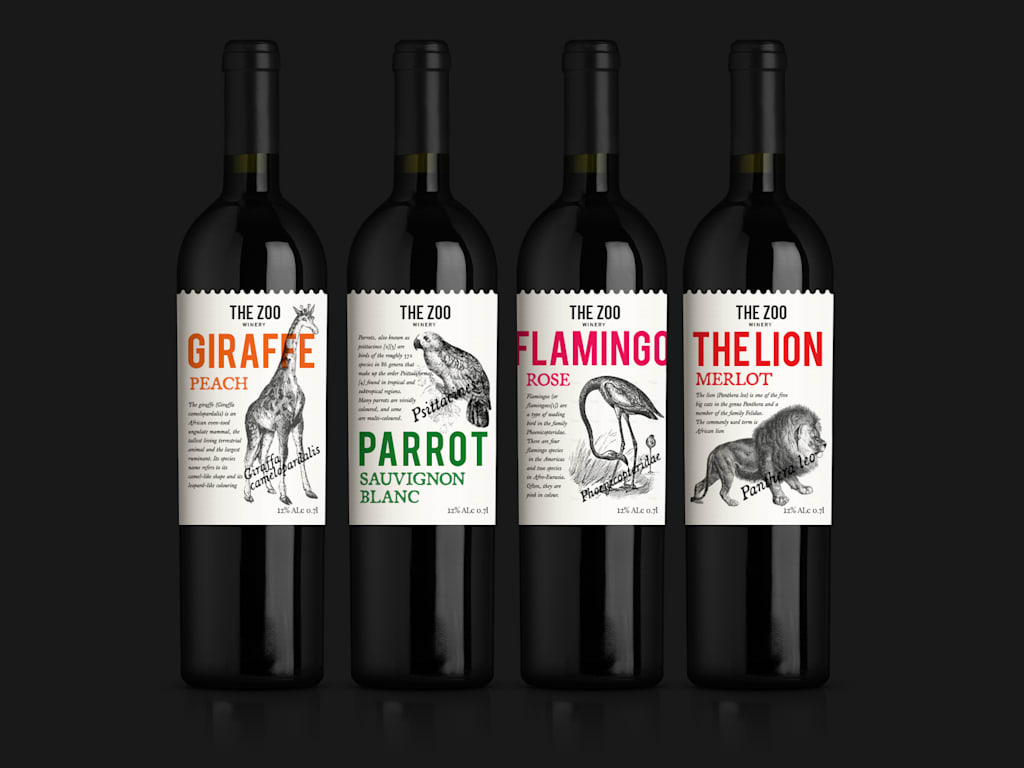 collection of animal-themed wines, each with an illustration of a different animal on the label