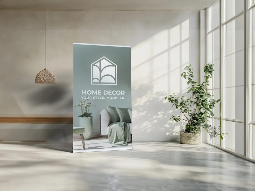 Retractable banner advertising a home decor small business