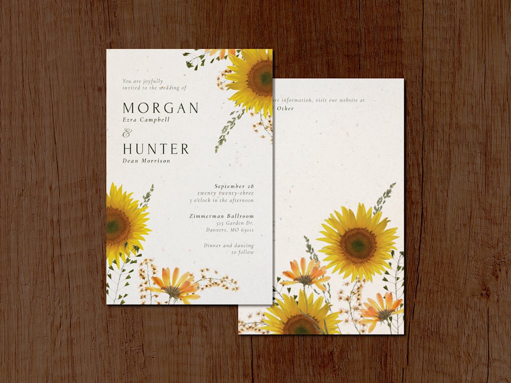 Floral, vintage wedding invitations with a bright sunflower design.