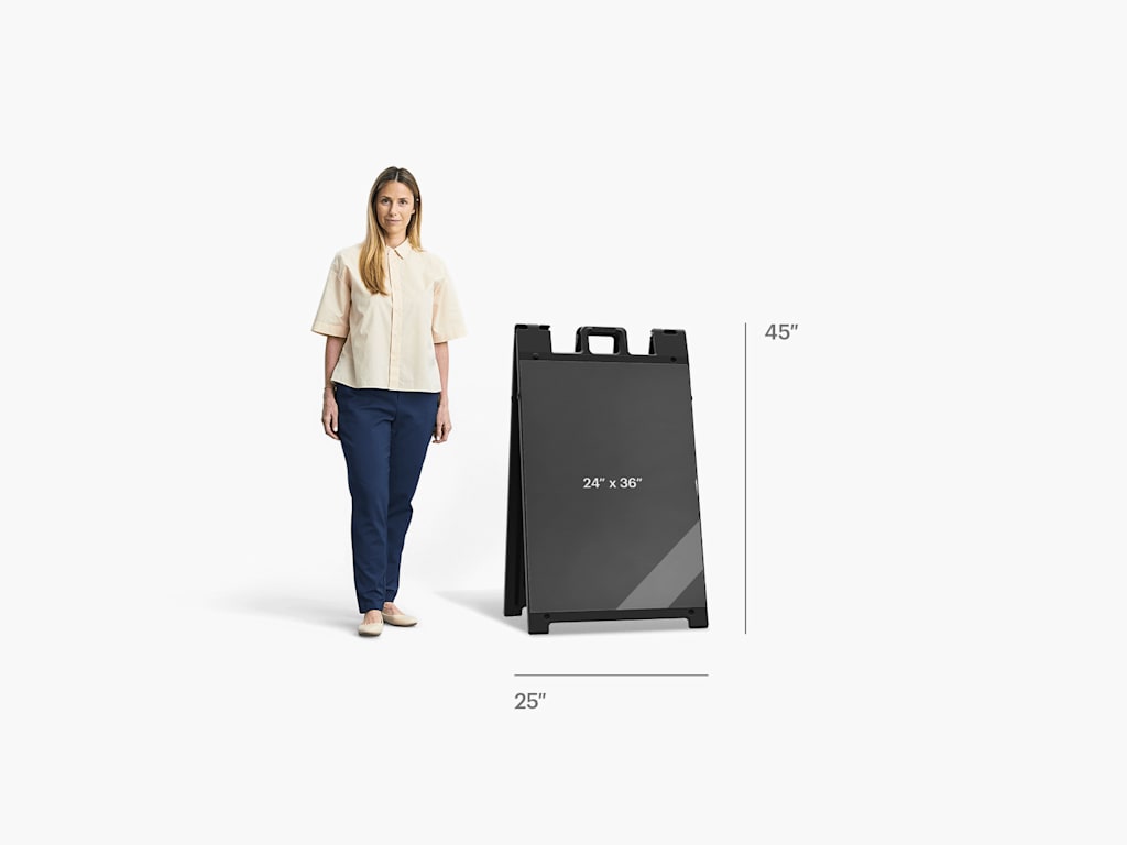 Standard 25" x 45" A-frame size as tall as a person’s chest for size reference.