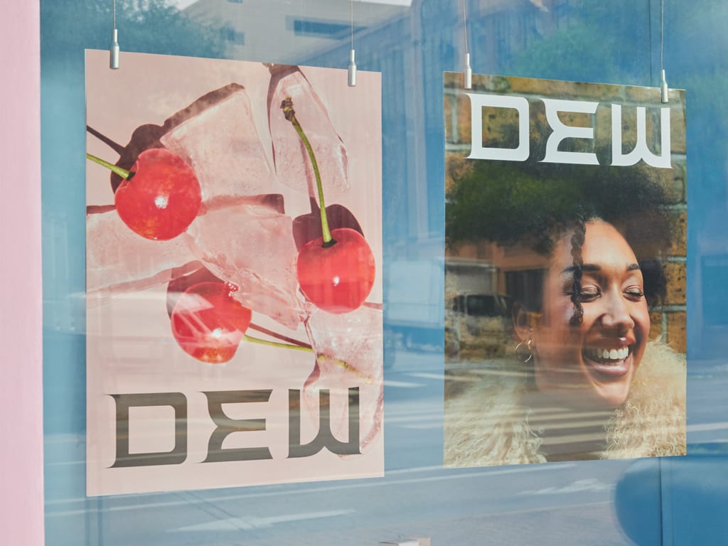 Poster materials hanging in a storefront window.