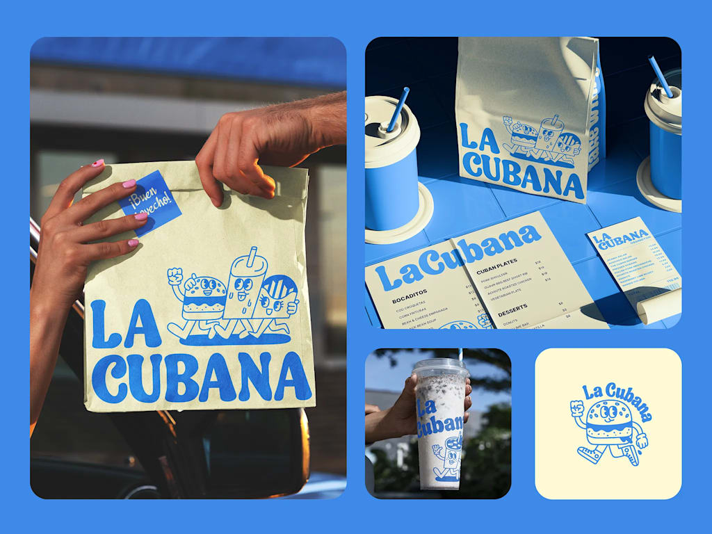 Branding for a takeaway food restaurant featuring Sun-Washed blue tones on the packaging and menu