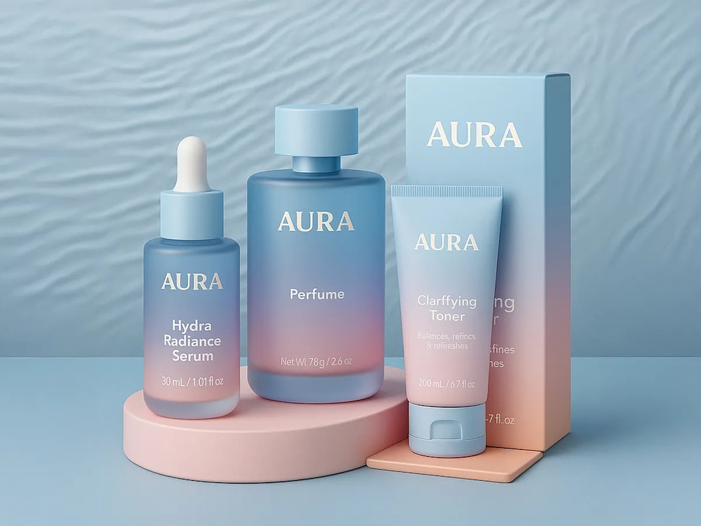 An example of the Sun-Washed Soft trend 2026, a range of beauty products with pale blue to pale pink gradient packaging